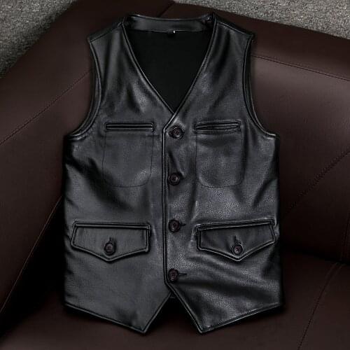Mens Genuine Leather V-Collar Vest Motorcycle Sleeveless Jackets 100% Cowhide Leather Button leather Casual Clothing For Men