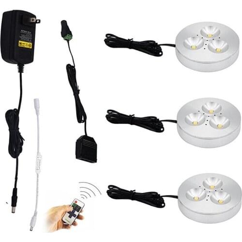 LED Under Cabinet Lights Kit Surface Mounted 3x3W Aluminum Puck Lamps for Kitchen Counter Lighting with Dimmable Remote Control