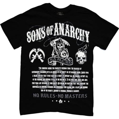 No Rules No Masters. Fashion Sons of Anarchy T-Shirt Summer Cotton Short Sleeve O-Neck Mens T Shirt New S-3XL