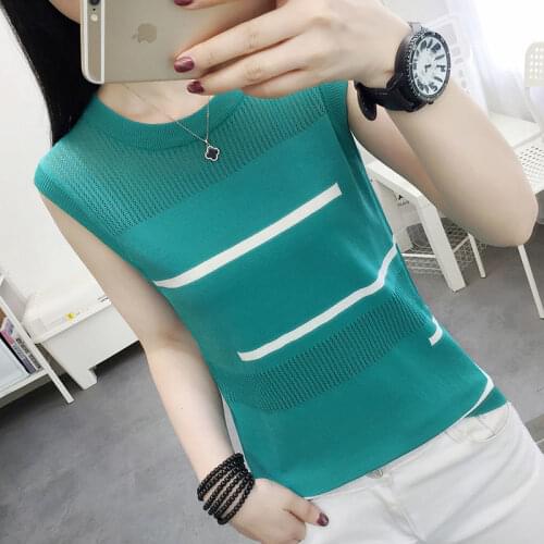 Hollow T-shirt Women 2021 Summer New O-neck Pullover Print Knitwear Plus Size Casual Sweater Sleeveless Tees Thin Top Y326