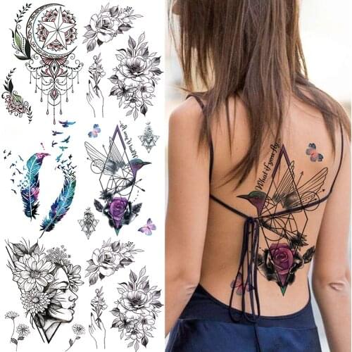 Realistic Geometric Hummingbird Temporary Tattoos For Women Feather Jewelry Marigold Flower Fake Tattoo Sticker Body Art Tatoos