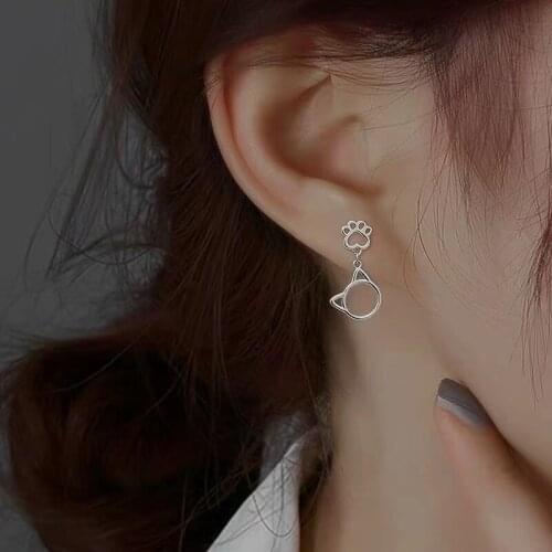 Real 925 Sterling Silver Hollow Cat and Paw Print Earrings Cute Short Kitten Cat Drop Earrings for Women Girls Birthday Gifts
