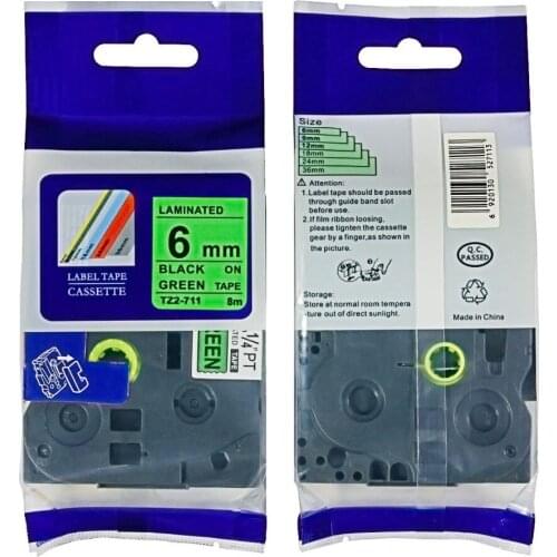 TZ LAMINATED TZE-711 TZe711 tz711 tz-711 p touch 6mm BLACK ON GREEN LABEL TAPE TZe 711 TAPES Ptouch LABEL