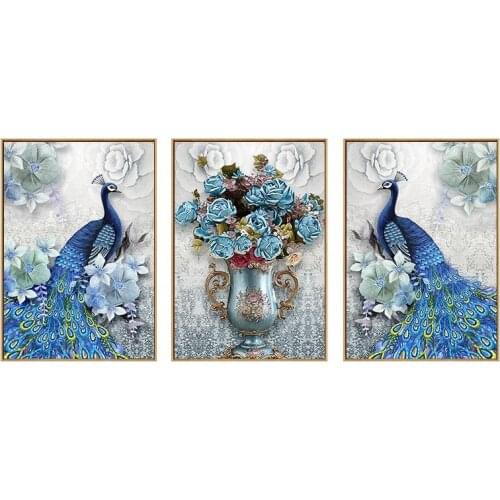 Triptych diy Diamond Painting square round Blue peacocks elegant bouquet vase art diamond embroidery 3 pieces animal birds WW177