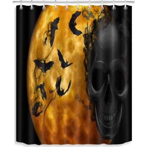 72'' Bathroom Waterproof Fabric Shower Curtain Polyester 12 Hooks Bath Accessory Sets Halloween Bat Black Skull Smiled Gold Moon