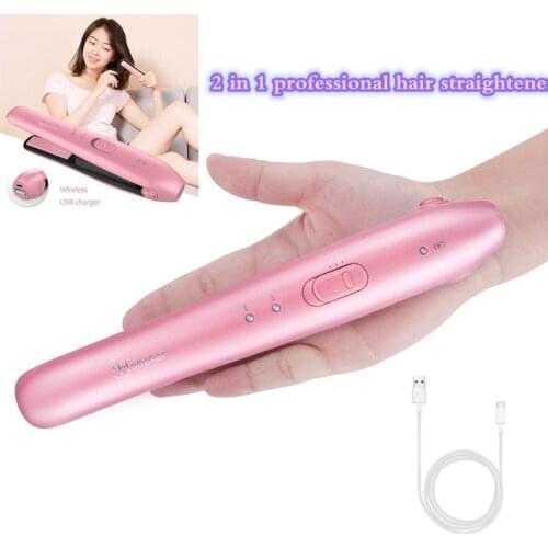 2 In 1 Professional Stylist Hair Straightener USB Rechargeable Hair Straightener Curler Convenient Ceramic Hairdressing Tool 45D
