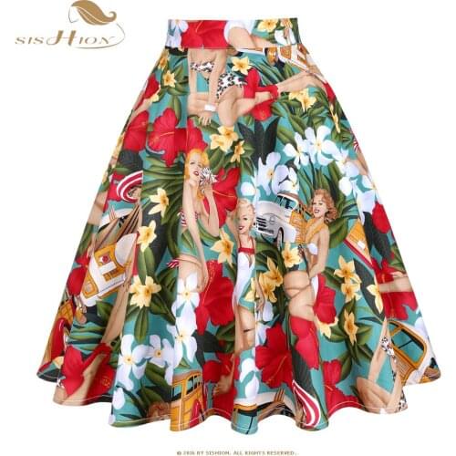 SISHION Cotton Floral Car Beauty Print High Waist Skirts Womens 2021 Retro Vintage Skirt Elegant A Line Swing Women Skirt VD0020