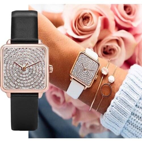 Women Watches Luxury Rhinestone Square Dial Leather Watchband Buckle Fashion Wristwatch Female Clock Casual Sport reloj mujer