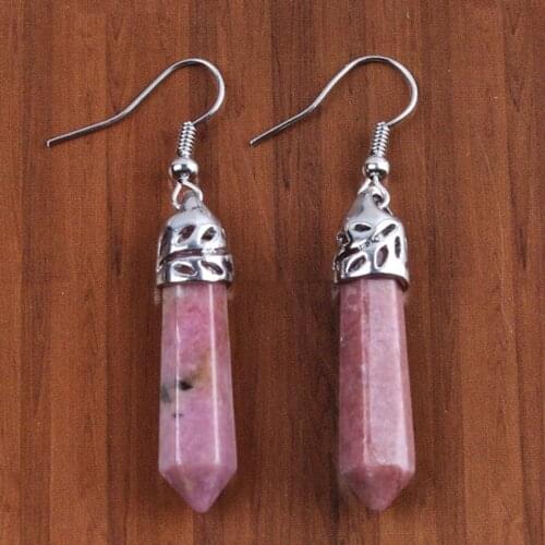 100-Unique 1 Pair Silver Plated Rhodonite Hexagon Column Dangle Hook Earring Elegant Women Earring