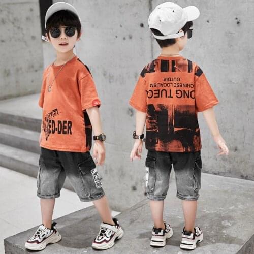 2021 Summer Boys Clothes Sets Letter print Cotton t-shirts and Denim knee-length pants Suit 2pcs Casual children clothing set