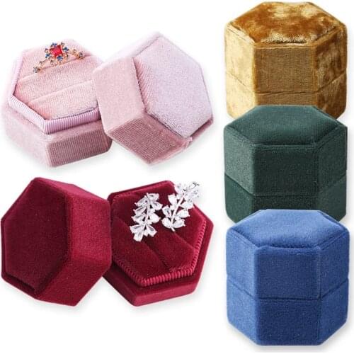 Hexagon Shape Velvet Jewelry Box Double Ring Storage Box Wedding Ring Display For Woman Gift Earrings Packaging