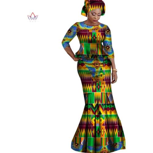 African Style Bazin Riche Dresses for Women Two Pieces Set Women Half Sleeve Tops and Long African Print Skirt Plus Size WY2536