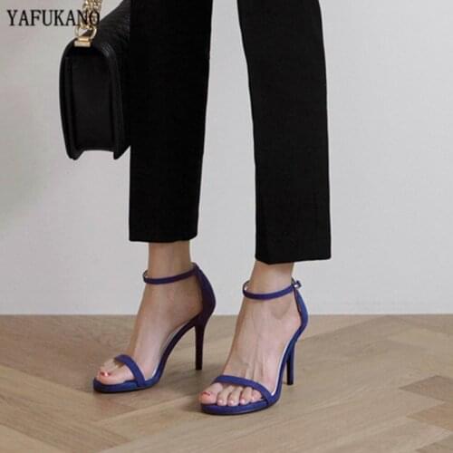 Brand Women Sandals Summer Shoes Black Thin High Heels Solid Flock Peep Toes Buckle Strap Woman Party Shoes Mujer New Arrival