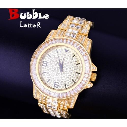 Mens Watch Real Gold Plated Big Dial Military Quartz Clock Luxury Baguette Rhinestone Business Waterproof