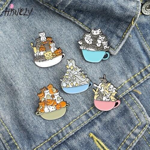 A Cup of Cats dog Penguin Hedgehog Enamel Pin Cat Coffee Cup Mug Brooches Bag Lapel Pin Cartoon Animal Kitten Badge Gift JA72