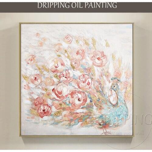 Pretty Artwork Hand-painted Blue Peacock Acrylic Painting Beautiful Peacock with Pink Flowers and Golden Foil Acrylic Painting