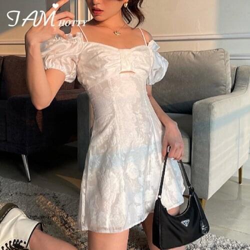Kawaii Bow Patchwork Straps White Jacquard Mini Dress Women Elegant Korean Style Short Sleeve A-line Slim Party Dresses Iamhotty