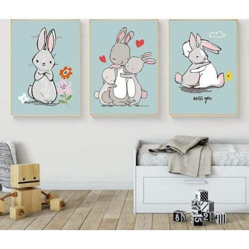 Kawaii Cartoon Rabbits Love and Miss Canvas Painting Wall Art Nursery Posters and Prints Nordic Kid Bedroom Decorative Picture