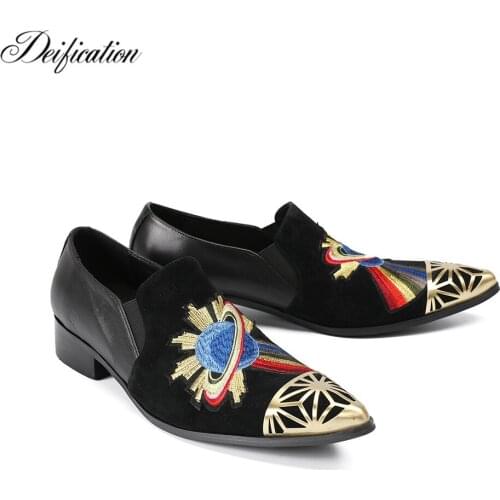 Deification Italian Style Pointy Toe Velvet Slippers Mocasin Hombre Metal Toe Dress Shoes Men Embroidery Loafers Plus Size 38-46