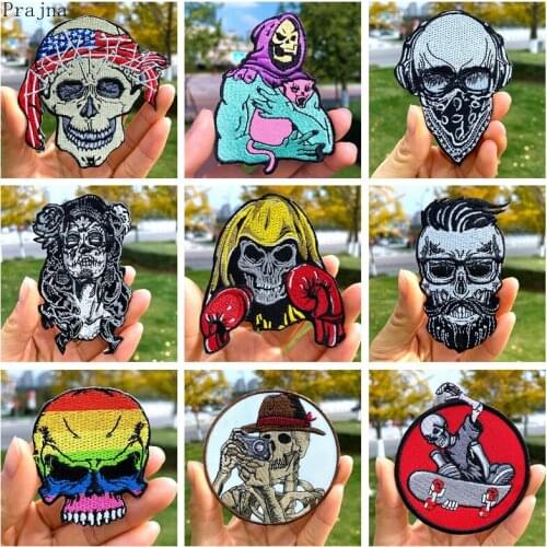 Prajna Punk Skull Patches For Clothes Witch Embroidered Patches For Clothing DIY Biker Stripe For Jacket Sticker On Clothes