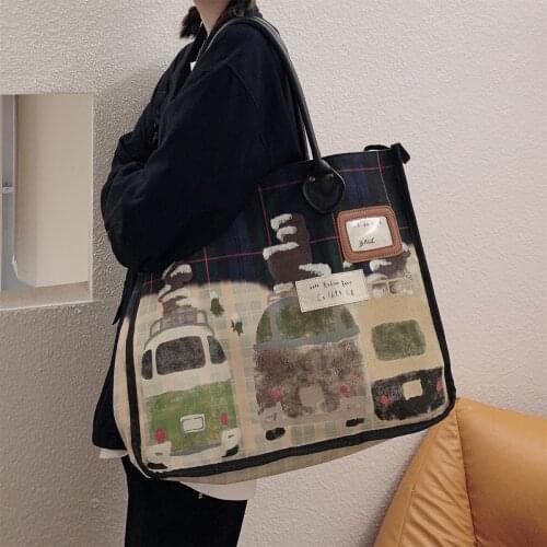 Luxury Art Graffiti Hand Drawing Oversize Shopper Tote Bags Preppy Style Women Designer Brand Plaid Handbags Canvas Shoulder Bag