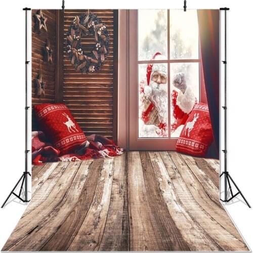 Christmas Photography Background Santa Claus Outside The Window Wooden Backdrop Pillow Decoration Props Banner For Photo Studio