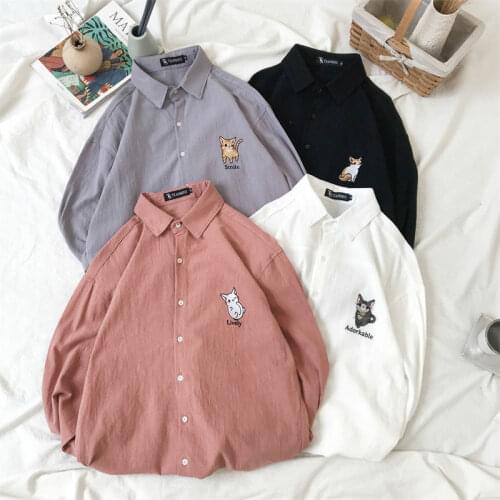 EBAIHUI Shirts for Women Casual Loose Men Long Sleeve Shirt Camisa Masculina Embroidery Cartoon T-shirt Blouses Couple Blouse