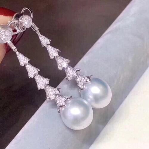Pure 925 Sterling Silver Fine Jewelry Fresh Water White 9-10mm Round Pearl Dangle Earrings for Women Fine Pearl Earrings