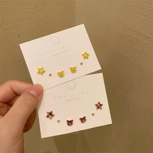 Fashion Cute INS Cute Bear Small Earrings Set S925 Fabric Female Plaid Five-Pointed Star Niche Design Earrings Trend