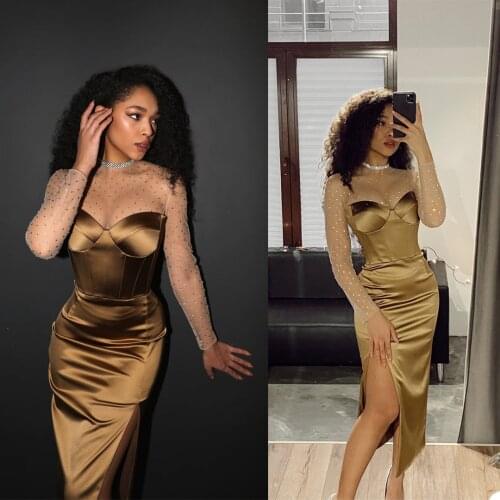 Sparkly Mermaid Prom Dresses Sequins Illusion Tops Beading Neck Long Sleeve Evening Gowns Party Club Wear robe de soiree