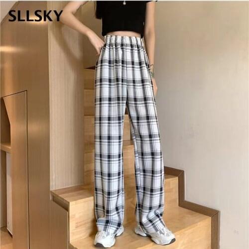 Sllsky Plaid Loose Wide Leg Pants Women Casual Chic Oversize High Waist Elastic Band Placket Trousers With Pocket 2021 New Pant