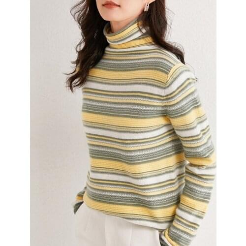 Turtleneck Cashmere Sweater Women Thick 2020 Autumn Winter New Style 100%Wool Base Shirt Striped Fashion Hot-Selling Knitted Top