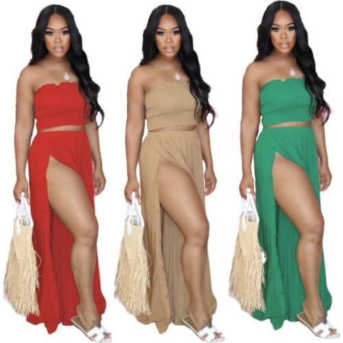 Womens Summer Slit Wide Leg Pants 2 Piece Outfits Sexy Off Shoulder Tube Crop Top Beach Club wear Two Piece Set Women Clothing