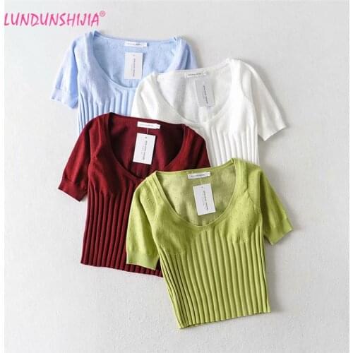 LUNDUNSHIJIA New Spring Summer 2020 Ladies Hollow Out Big O-neck Knitting Pullovers Ladies High Waist Sweater Tops 4 Colors