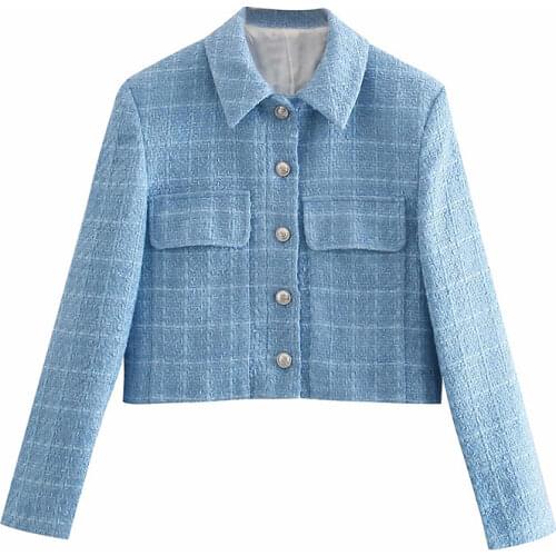 Nlzgmsj Za Women 2021 Fashion Single Breasted Tweed Cropped Blazer Coat Vintage Long Sleeve Pockets Female Outerwear Chic 202107