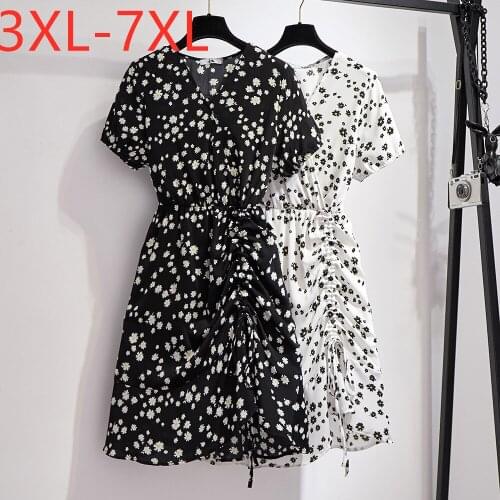 New 2021 summer plus size dress for women large short sleeve loose white black V neck floral print dresses 3XL 4XL 5XL 6XL 7XL