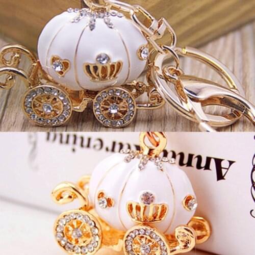 1pc Crystal Princess Pumpkin Carriage Keychain Cute Anime Key Ring Small Gift Women Girl Charm Decor Accessories