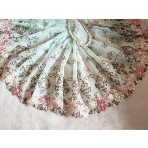 2 Yards Lace Trim Pink Green Flowers Embroidered Light Cyan Tulle Lace 9.44 Inches Wide