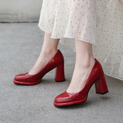 2021 Fashion Women Leather Pumps High Heels Ladies Spring/Summer Shoes Square Toes Block Heels Shoes Red/White/Black Zapatos