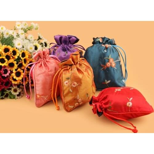 50pcs Embroidery Fruit Small Drawstring Gift Packaging Christmas Candy Bag Silk Jewelry Pouches Wedding Birthday Party Favor