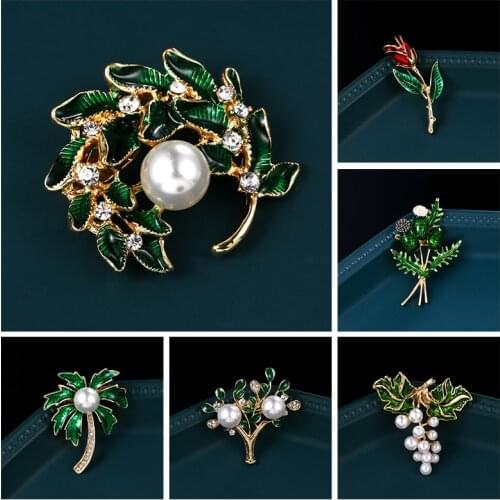 Elegant Leaves Rhinestones Flower Pearl Bouquets Rose Gold Wedding Brooch for Women Crystal Wedding Brooches Pin Jewelry Gift
