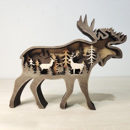 Wooden Wolf Totem Elk Brown Bear Decoration Creative North American Forest Hollow Animal Home Office Wooden Crafts