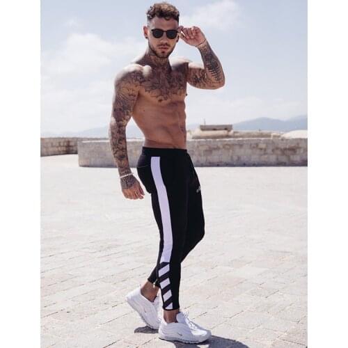 Jogger Mens Cotton Slim Striped Jogging Pants Mens Fashion Gym Fitness Exercise Black Sports Pants Model S025