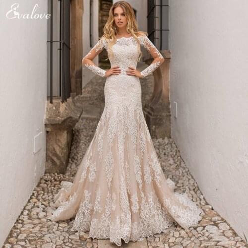 EVALOVE Romantic Boat Neck Long Sleeve 3 in 1 Mermaid Wedding Dresses Gorgeous Appliques Detachable Train Princess Wedding Gown
