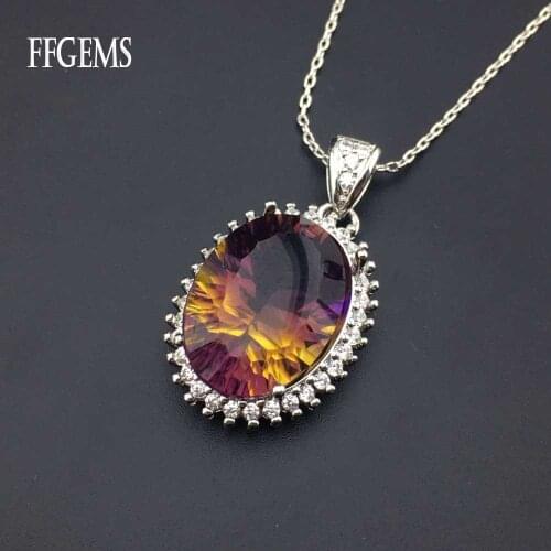 FFGem Natural Ametrine big Oval yellow gemstone special Silver Pendant Necklace white Gold Women Fine Jewelry Party Wedding Gift