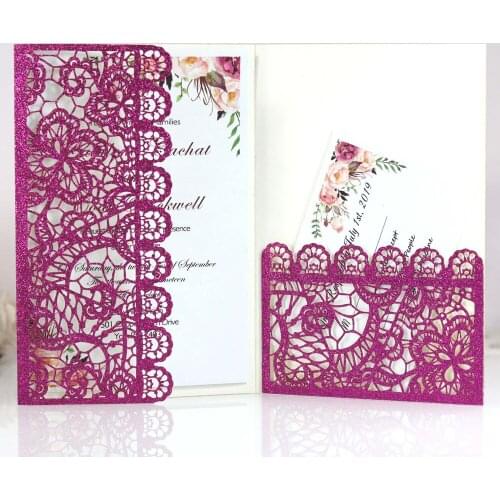Fuchsia Glitter Laser Cut Pocket Wedding Party Invitation, 20+Color Bridal Shower Invitations with RSVP Card and Envelope 50PC