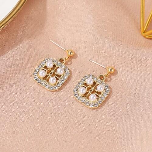 Geometric Square Pearl Zircon Dangle Earrings For Woman Korean Fashion Jewelry Gothic Accessories Party Girls Luxury Earrings