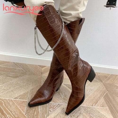 Lanxuryee new genuine leather pointed toe high heel western boots chain decoration punk handsome young lady knee-high boots L07