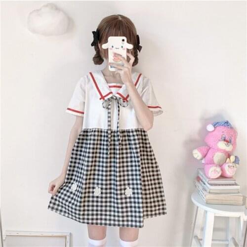 Kawaii Short-Sleeved Womens Bow Tie Dress Soft Sweet Patchwork Plaid Female Clothing Summer Cute Sailor Collar Doll Skirt