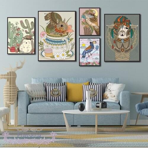 Cartoon Plant Animals Canvas Painting Wall Art Kids Room Poster and Print Decorative Flower Cactus Alpaca Fox Rabbit Picture